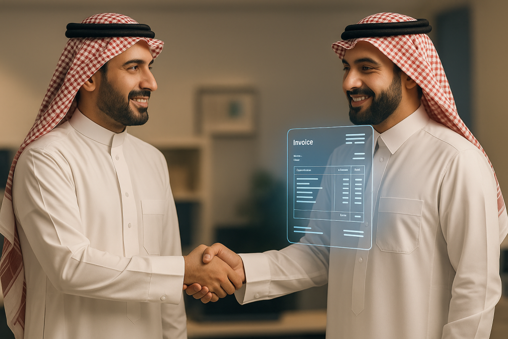 Businessmen Sealing Deal with Holographic Document